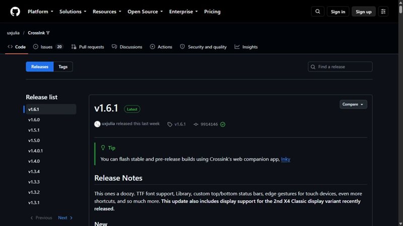 Prévia da página de versões e downloads do CrossInk no GitHub