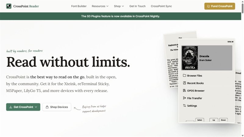 Prévia do site CrossPoint Reader e da interface do leitor